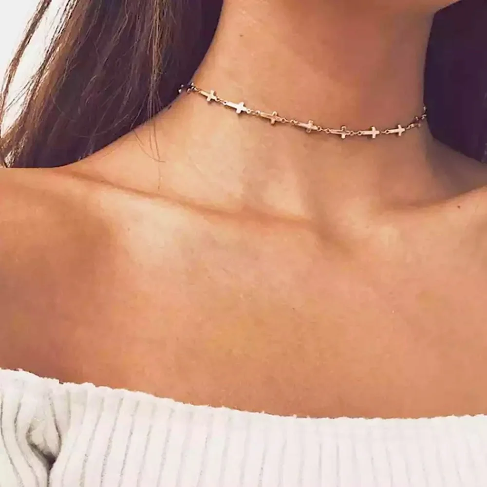 "Always & Forever" Cross Choker Silver Gold Trendy Christian Faith Cute Necklace - Picture 1 of 6